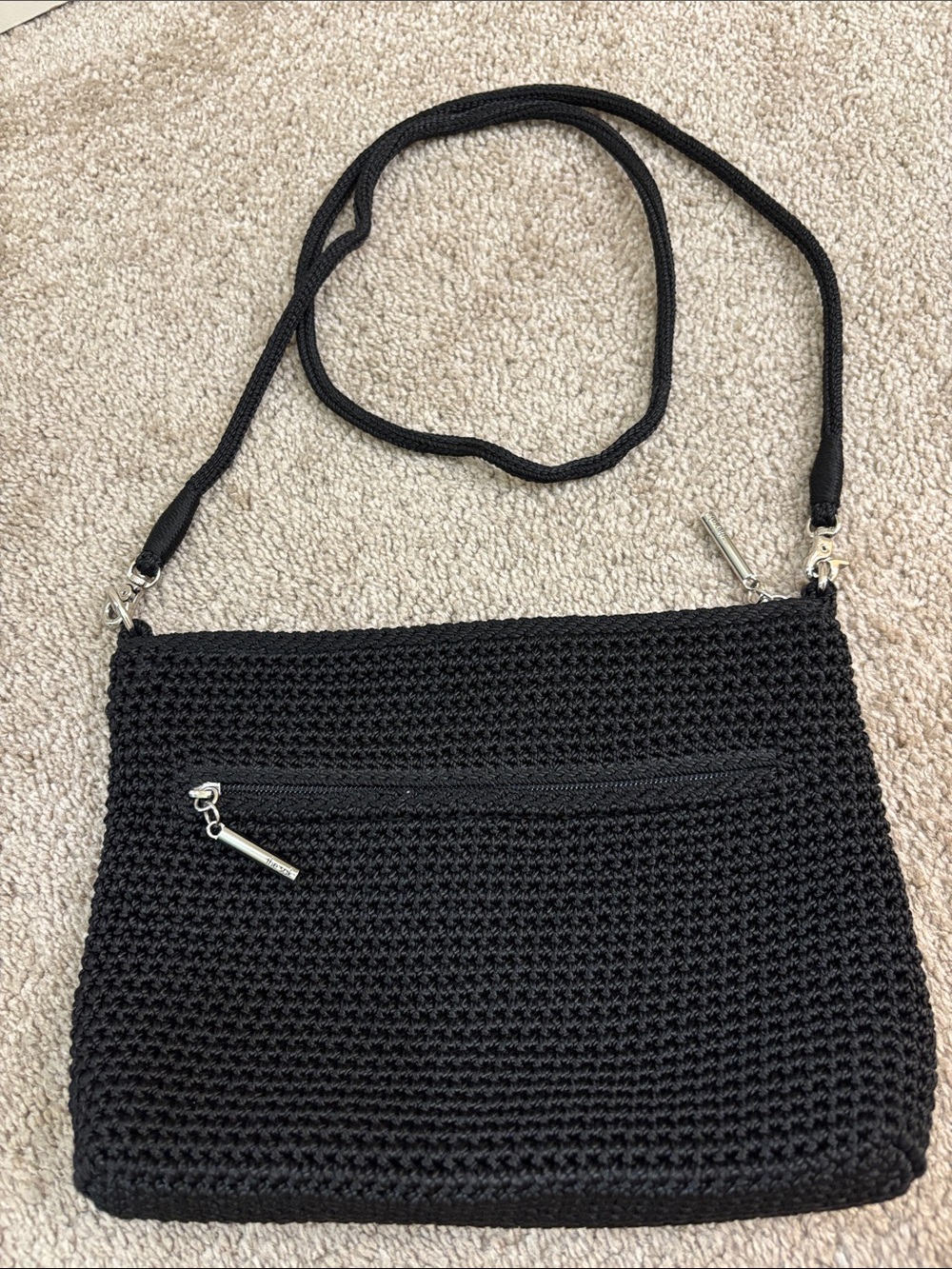 The Sak Black Crochet Crossbody Bag with Slim Strap